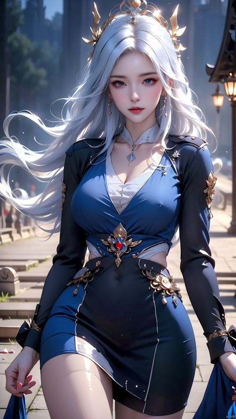  ((best quality)), ((masterpiece)), ((ultra-detailed)), extremely detailed CG, (illustration), ((detailed light)), (an extremely delicate and beautiful), a girl, solo, ((upper body,)), ((cute face)), expressionless, (beautiful detailed eyes), full breasts, (medium breasts:1.2), blue dragon eyes, (Vertical pupil:1.2), white hair, shiny hair, colored inner hair, [Armor_dress], blue_hair ornament, ice adorns hair,depth of field, [ice crystal], (snowflake),A ghost girl smiling innocently and talking to her friends (a familiar cute ghost) Graveyard, ruins, ghosts, spirits, blue fireballs, legs missing, feet floating like cloth, stone walls, wilderness, glowing flower fields Dark and dark blue tones, smile, epic, Celestia, fantasy world, cute world, pale girl.