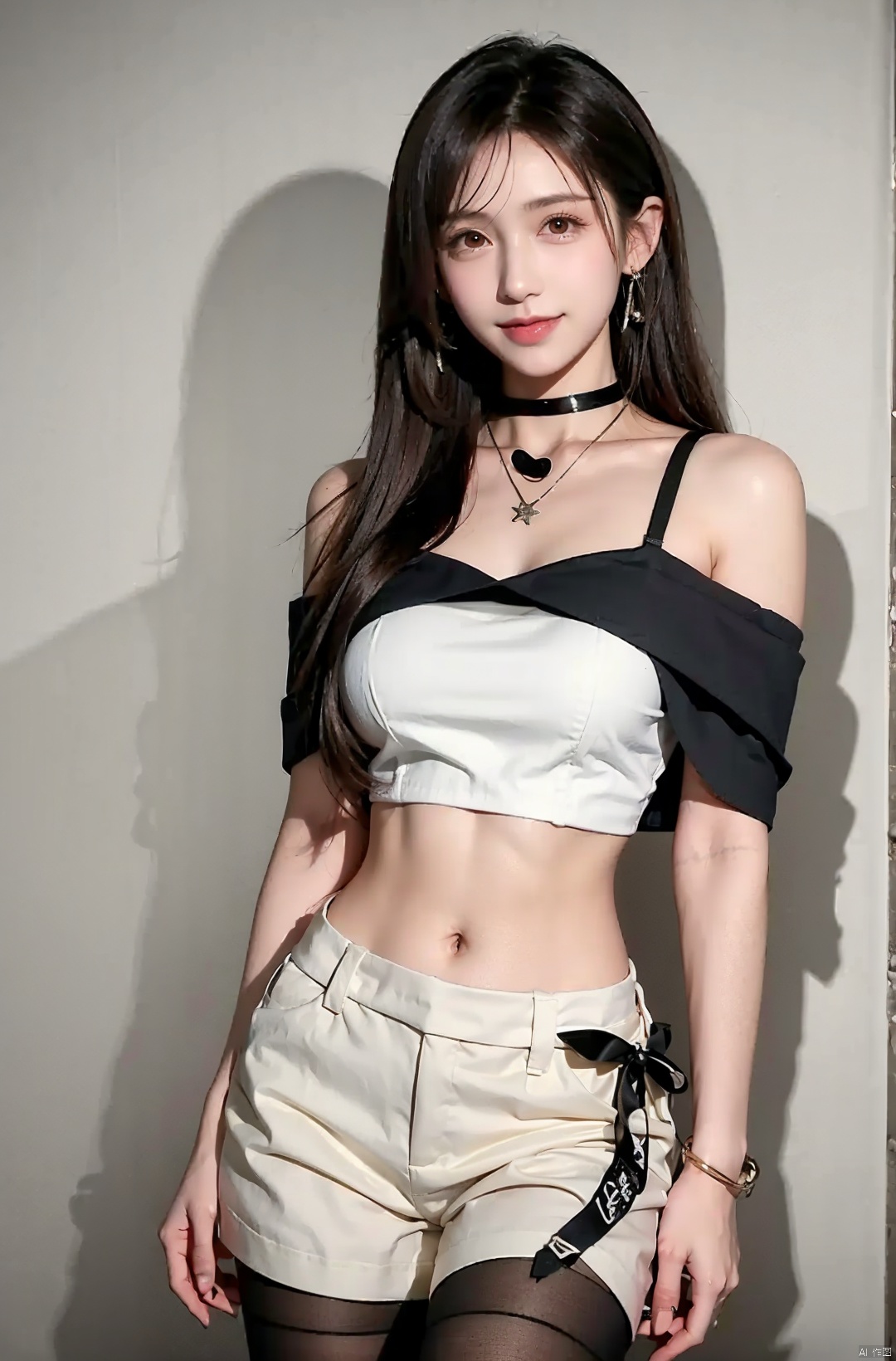  nai3, 1girl, shorts, solo, crop top, choker, pencil skirt, skirt, , navel, shirt, midriff, crop top overhang, looking at viewer, white shirt, jewelry, breasts, cowboy shot, bare shoulders, off-shoulder shirt, off shoulder, black choker, thighs, stomach, hand on own thigh, long hair, bracelet, short sleeves, ribbon, hand up, collarbone, hair ribbon, medium breasts, standing, , , bra strap, kind smile, hair ornament, thigh gap, bangs, necklace, expressionless,, , , blackpantyhose, , tifa