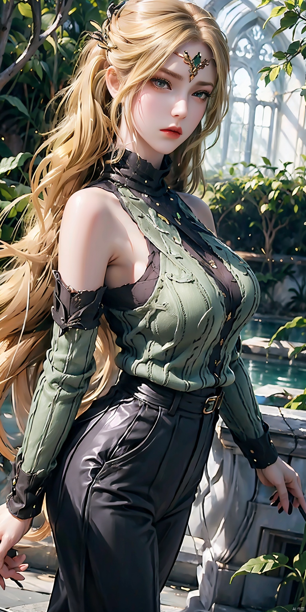  ((Green Pattern Loose Sweater, Black Slacks: 1.3)), Blonde Hair, 1 Girl, Standing, Solo, Light, Masterpiece, Best Quality, 8k, RAW Photos,