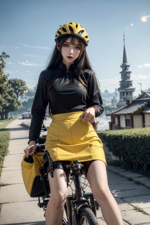  solo, 1girl,outdoors, sky, cloud, helmet, ground,sunset, riding, bicycle, BY MOONCRYPTOWOW,high_heels,yellow_footwear,pencil_skirt,long_hair