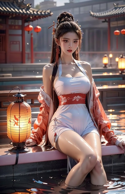  High quality, masterpiece, cinematic texture, Chinese elements, 1 girl bathing in the pool, (wrapped in a gauze: 1.2), (with a large amount of water vapor on the surface: 1.5), (hot spring), lantern, night,Song style Hanfu,smog,8K Ultra HD, clear and bright image quality, highly refined, extremely fine, chang
