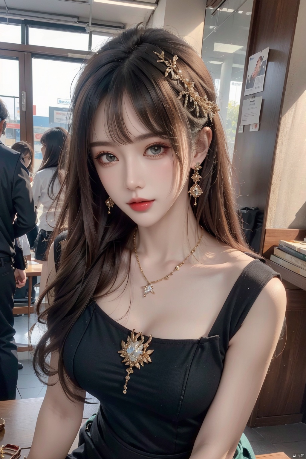  21yo girl, solo, looking at viewer, smile,

Gold-Trim Jewelry, long earrings, bow Hair ornament, Agate Necklace, emerald bracelet,
Diamonds, onyx, enamel,

HDR, Vibrant colors, surreal photography, highly detailed, masterpiece, ultra high res,
high contrast, mysterious, cinematic, fantasy, bright natural light, wangyushan, eyeglasses, 1girl, office_lady, subway