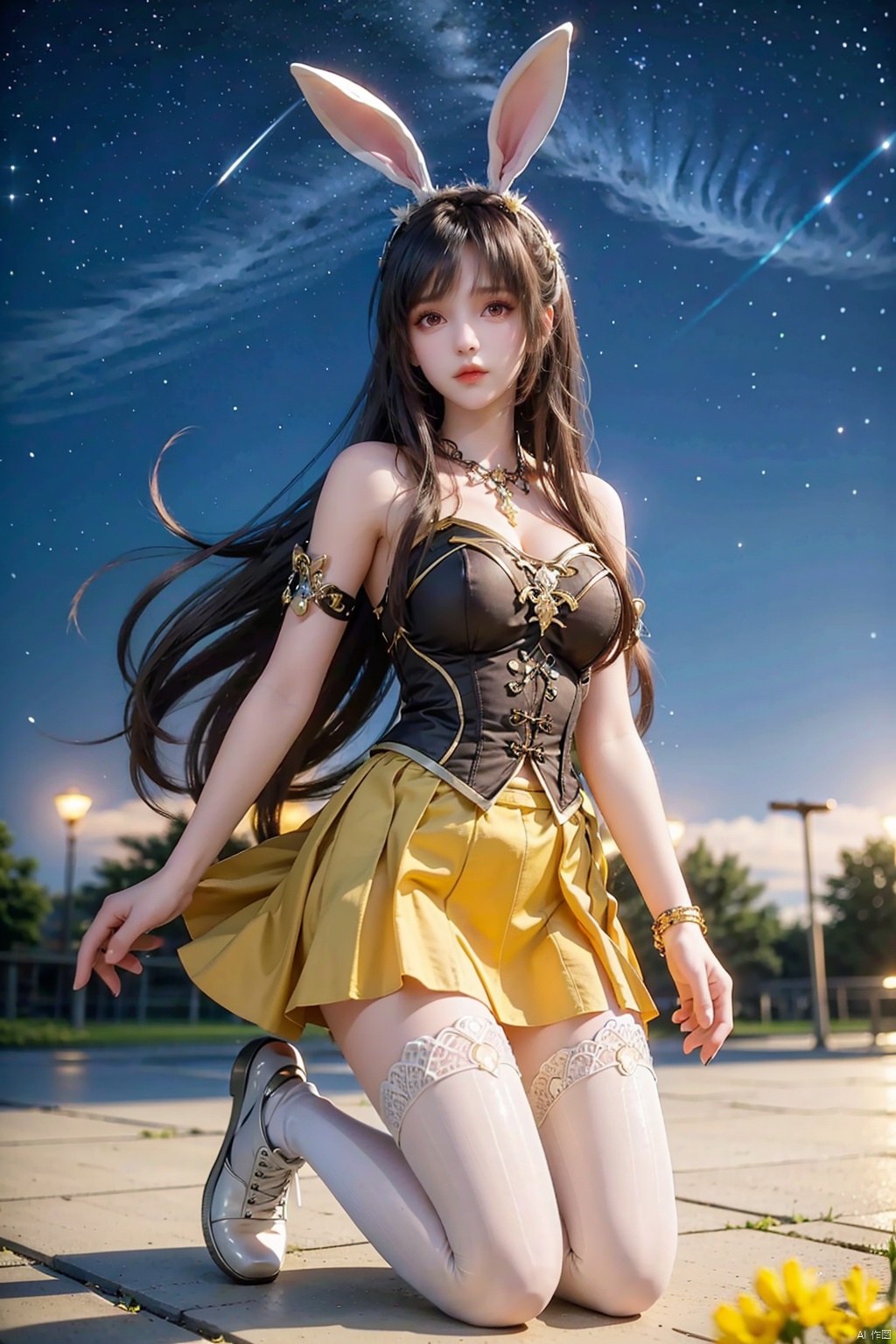  1 girl, animal ears, bangs, bare shoulders, closed mouth, skirt, eyebrows, visible hair, body, hair between the eyes, hair ornaments, long hair, look at the audience, rabbit ears, black hair flying in the wind, alone, kneeling, starry sky, very long hair, white shoes, yellow skirt, black eyes