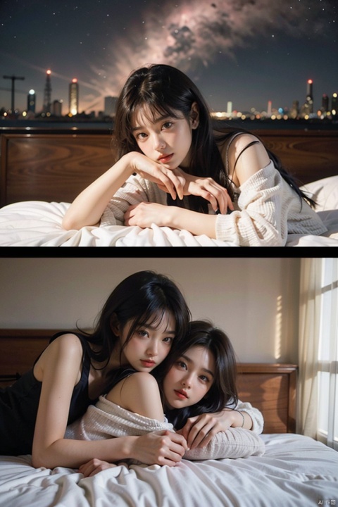  2girls,2_girls,yuri,girl's_love,on bed, Nebula, qianjin