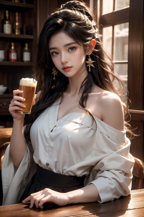  (masterpiece, best quality, highres:1.3), ultra resolution image, niji, sketch, manga, 1girl, upper body, holding_cup, beer, cafe, grin, very_long_hair, elf, pale_skin, pirates, jujingyi