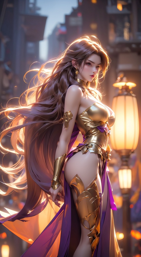  1girl,((f long hair blown by the wind: 1.5), earrings, wind blown, cleavage, The distant lantern,thighs, (purple armor), purple tone, cinematic, blurry background,(z (half body), looking at the audience, 1 girl, gold armor, 21yo girl, mds-hd