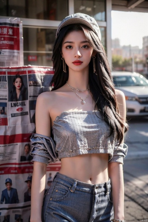  1girl, Long gray hair, Baseball cap, Exposed navel outfit, Small shawl, jewelry, Earrings, Necklace, Shining, standing, morning_light, newspaper, newspaper wall, ((masterpiece, highly detailed, goodcomposition)), Detailed details, Ray tracing, best quality,1 girl,midjourney,wangqihuiyilu