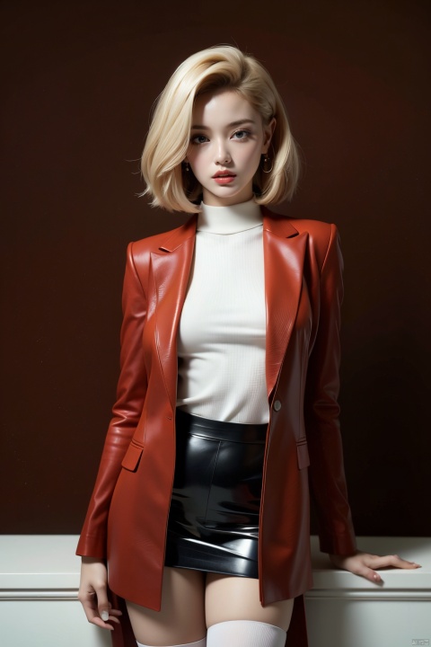 Outdoor scenery, snow view, Snow Mountain, girl, red wool coat, pretty face, short hair, blonde hair, (photo reality: 1.3) , Edge lighting, (high detail skin: 1.2) , 8K Ultra HD, high quality, high resolution, the best ratio of four fingers and a thumb, (photo reality: 1.3) , wearing a red coat, white shirt inside, big chest, solid color background, solid red background, advanced feeling, texture full, 1 girl, Xiqing, HSZT, Xiaxue, dongy, a girl, magic eyes, black 8d smooth stockings, 1girl, sd_mai, xiqing, tm, ((poakl flower style))