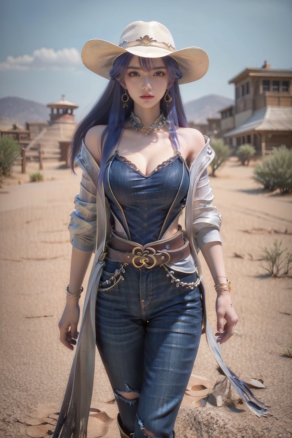  A girl, Big Boobs, belt, American Western architecture, Cowboy Hat, cowboy west, day, Denim, desert, dirty, hat, jacket, jeans, long hair, outdoors, pants, sky, solo, torn clothes, torn jeans, torn trousers, pistols at the waist, holsters,