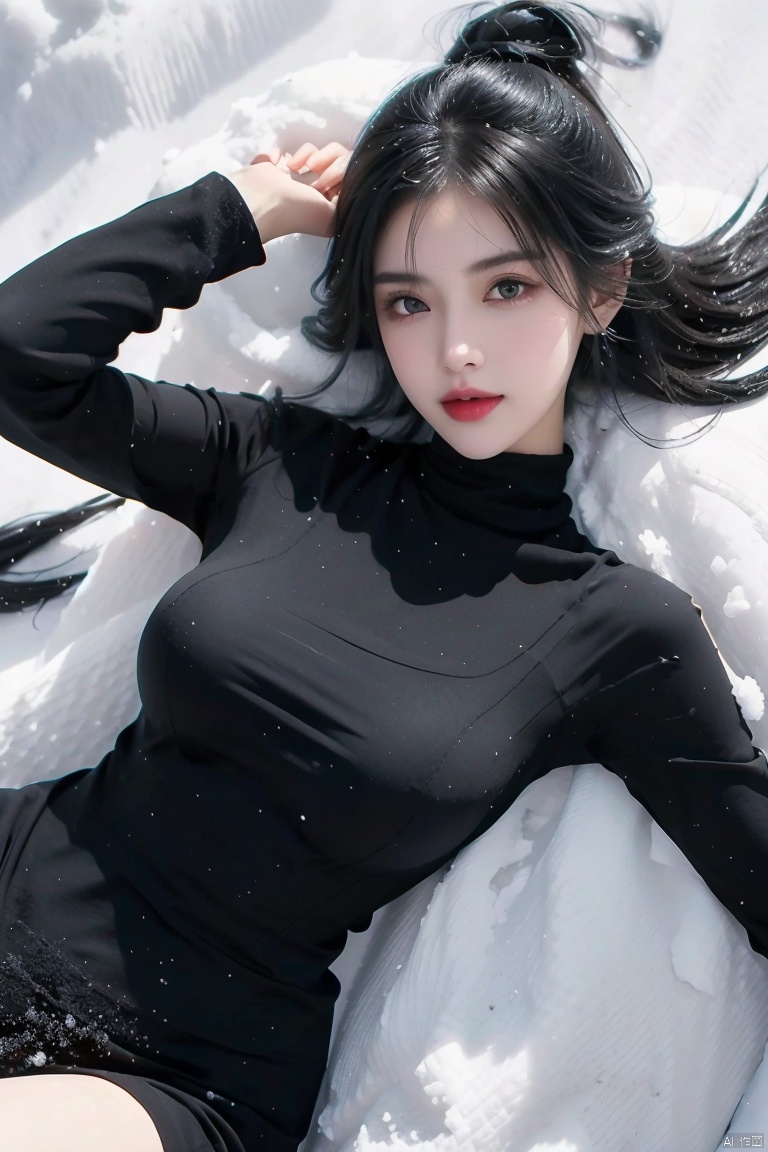  1 girl,(Black tight fitting clothing),Black hair, (snowfield:1.5),full body,Lying down, looking from above,Partially submerged by snow