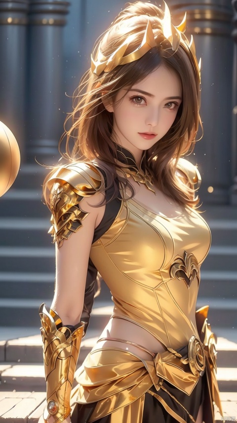  1 girl, (gold armor), (metal ball), ll-hd