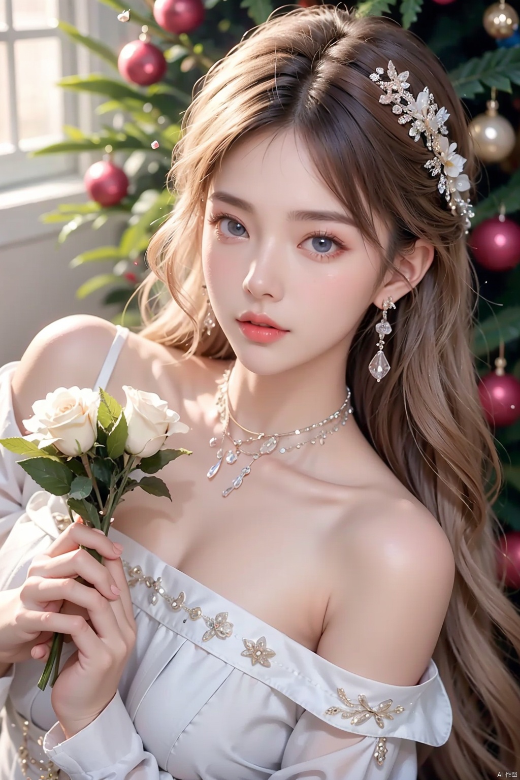  1girl, solo,blue eyes, long hair, holding flower, holding, rose, dress, petals, hair ornament, lying, long sleeves, white hair, on back, white dress, looking at viewer, choker, parted lips, bare shoulders, blush, bangs, off shoulder, black choker, hair flower, off-shoulder dress, very long hair, collarbone, puffy long sleeves, puffy sleeves, hair between eyes,dofas, crystal, yunbin, qianjin, christmas