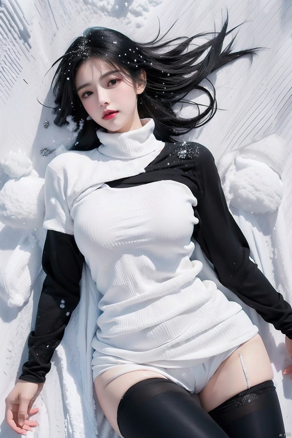  1 girl,(Black tight fitting clothing),Black hair, (snowfield:1.5),full body,Lying down, looking from above,Partially submerged by snow