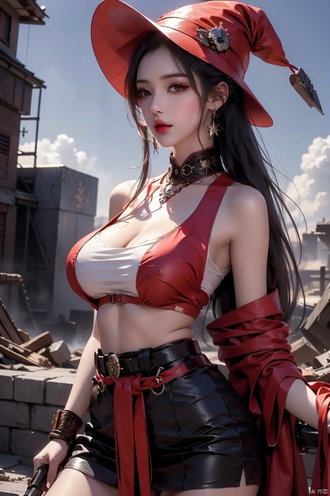  8K resolution, super resolution, sharp focus, grandeur, best quality, masterpiece, fantasy female gunfighter, delicate yet brave and fearless, wearing a deep red leather armor with silver edges, and a hat decorated with phoenix feathers. A wide-brimmed hat, eyes as fierce and firm as a burning furnace. He holds a steampunk-style precision repeating musket in his hand. The gun body is inlaid with gems and wrapped with complex mechanical pipes. A faint smoke is emitting from the muzzle. The background is The ruins of a futuristic steam city full of gears and iron frames, her resolute profile silhouette reflected in the moonlight. She stood on a pile of rubble, with an ammunition belt draped over her left shoulder and a sharp dagger hanging around her waist for close combat. arms.