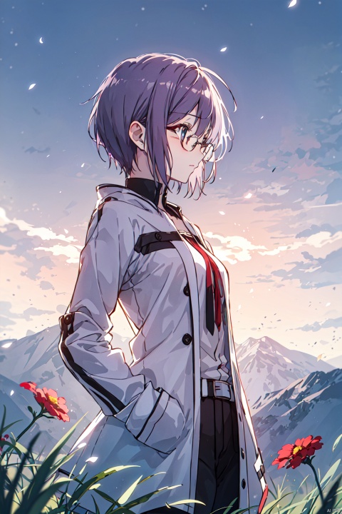  Nagato_CYQL,1girl,solo,looking at viewer,short hair,bangs,purple hair,glasses,Sleepy, Drooping eyelids, half-closed eyes, and a slightly dazed expression.,profile,beautiful face,beautiful eyes,glossy skin,shiny skin,Meadow, Flowers, Grass, Alps, Sunshine, Breeze, Butterflies, Melting snow,beautiful detailed sky,beautiful detailed glow,posing in front of a colorful and dynamic background,masterpiece,best quality,beautiful and aesthetic,contrapposto,female focus,wallpaper,fashion,
