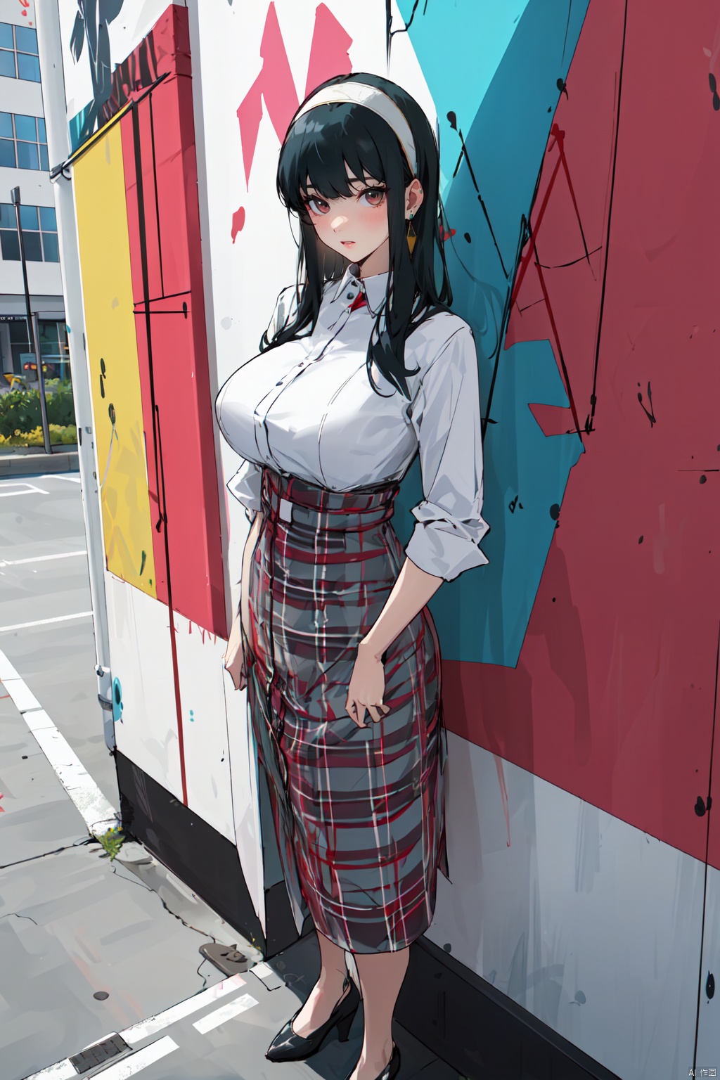  best quality,masterpiece,highres,anime_style,1girl,solo,full body,looking at viewer,standing,,YorBriar_CYQL,black hair,long hair,bangs,white hair band,jewelry,gold earrings,red eyes,large breasts,Plaid fit and flare shirt dress,Street graffiti, Urban art, Murals, Expression, Creativity, girl
