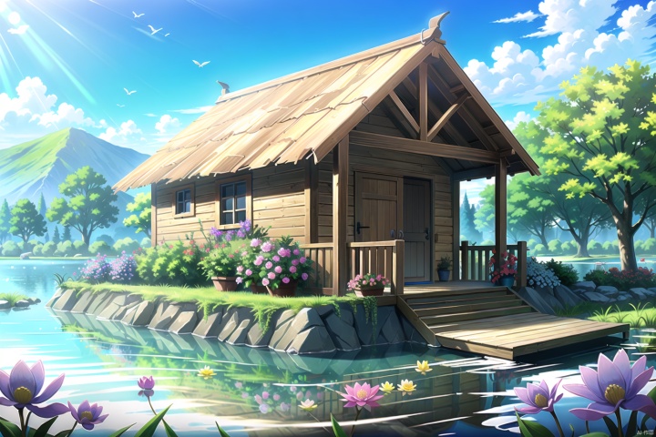  dynamic angle, close-up of a small house by the lake, beautiful sunny summer day, water lilies in the lake blooming, lush plants, sunlight shining through the white clouds, bold colors, fairy tale, fantasy,wind,classic, (detailed light),feather, nature, (sunlight),beautiful and delicate water,(painting),(sketch),(bloom),(shine), high resolution, high contrast ratio, high detail, high texture, texture surreal high quality figure, ultra high quality, golden ratio, maimai