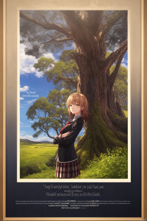  1girl,looking at viewer,solo,short hair,brown hair,yellow eyes,,Iroha_CYQL,(smug,leaning forward,upper_body,front view:1.1),Traditional uniform with a knee-length skirt, matching blazer, and silk necktie,beautiful face,beautiful eyes,glossy skin,shiny skin,Sequoias, Ancient trees, Mossy trunks, Forest floor, Silence, Nature's cathedral, Hiking,Gum trees, Eucalyptus scent, Australian outback, Sunrise hues, Gum tree silhouettes, Outback landscape,beautiful detailed sky,beautiful detailed glow,(movie poster:1.2),(border:1.3),(English text:1.4),posing in front of a colorful and dynamic background,masterpiece,best quality,beautiful and aesthetic,contrapposto,female focus,fine fabric emphasis,wallpaper,fashion,intricate detail,finely detailed,fine fabricemphasis,glossy,,