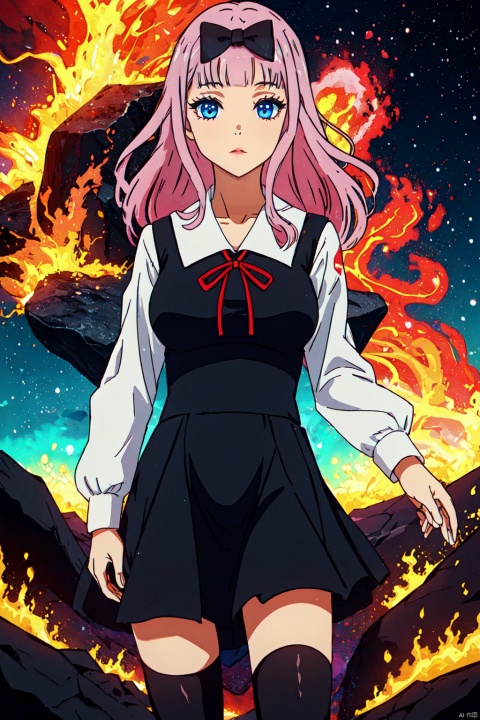 1girl,looking at viewer,solo,school uniform,pink hair,blue eyes,bow,dress,black dress,hair bow,black bow,ribbon,long hair,bangs,socks,blunt bangs,red ribbon,breasts,white socks,long sleeves,kneehighs,,Fujiwara_CYQL,cowboy_shot,beautiful face,beautiful eyes,glossy skin,shiny skin,Volcano, Lava, Ash, Crater, Smoke, Rocks, Seabirds, Magma,beautiful detailed sky,beautiful detailed glow,posing in front of a colorful and dynamic background,masterpiece,best quality,beautiful and aesthetic,contrapposto,female focus,wallpaper,fashion,

