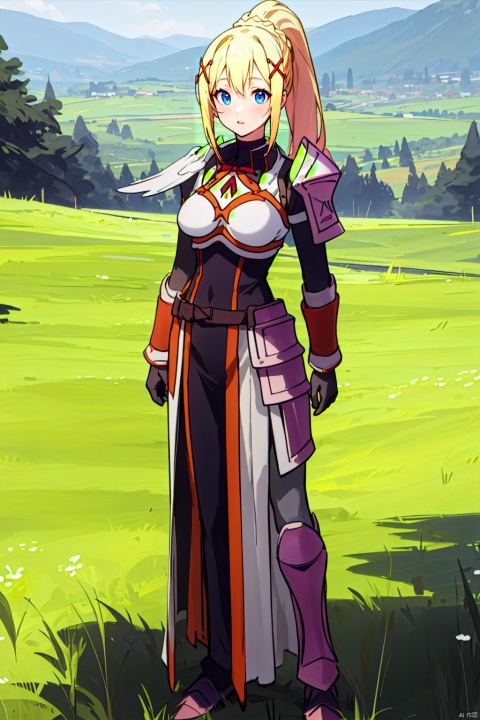  masterpiece,best quality,cinematic lighting,1girl,solo,full body,(looking at viewer:1.1),(standing:1.2),darkness_knsb,blonde hair,long hair,ponytail,hair ornament,x hair ornament,braid,blue eyes,armor,shoulder armor,dress,gloves,black gloves,breasts,
BREAK
Lakeside meadow, Picnic, Noontime sun, Nature scenery, Enjoyment,Relaxation,sunlight,,8k,ultra-detailed, girl