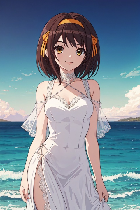 Suzumiya_CYQL,1girl,solo,brown hair,medium hair,short hair,hairband,brown eyes,Excessive tiered lace gown with cascading layers and intricate beadwork,
and a hint of a smile.,bust,
beautiful face,beautiful eyes,glossy skin,shiny skin,
Coastal inlet,Twilight,Coastal scenery,Relaxation,Scenic view,beautiful detailed sky,beautiful detailed glow,
posing in front of a colorful and dynamic background,
masterpiece,best quality,beautiful and aesthetic,contrapposto,female focus,wallpaper,fashion,