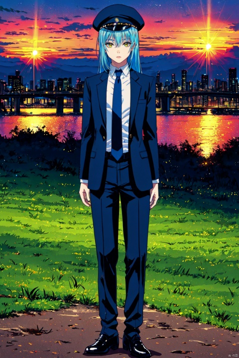 1other,looking at viewer,solo,androgynous,blue hair,long hair,hair between eyes,bangs,yellow eyes,standing,navy pinstripe suit, pale yellow dress shirt, solid navy tie, black cap-toe shoes,,Rimuru_CYQL,bust,beautiful face,beautiful eyes,glossy skin,shiny skin,Outdoor concert in city park, Music, Performance, Entertainment, Picnics,beautiful detailed sky,beautiful detailed glow,posing in front of a colorful and dynamic background,masterpiece,best quality,beautiful and aesthetic,contrapposto,female focus,wallpaper,fashion,
