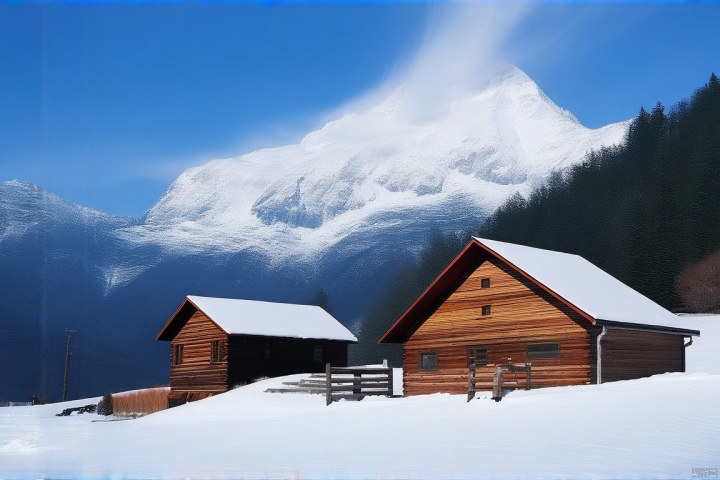 白雪覆盖的山脚下,一座温馨的小木屋静静伫立,炊烟袅袅升起,与远处雪山的冷峻形成鲜明对比,