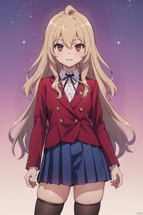 Taiga CYQL,1girl,solo,looking at viewer,long hair,brown hair,hair between eyes,brown eyes,school uniform,jacket,red jacket,long sleeves,double-breasted,ribbon,neck ribbon,black ribbon,skirt,blue skirt,pleated skirt,zettai ryouiki,thighhighs,black thighhighs,Seductive, A sultry gaze, a slightly parted lips, and a hint of a smile.,bust,beautiful face,beautiful eyes,glossy skin,shiny skin,Theater, Opera, Twilight, Costumes, Cultural heritage,beautiful detailed sky,beautiful detailed glow,posing in front of a colorful and dynamic background,masterpiece,best quality,beautiful and aesthetic,contrapposto,female focus,wallpaper,fashion,