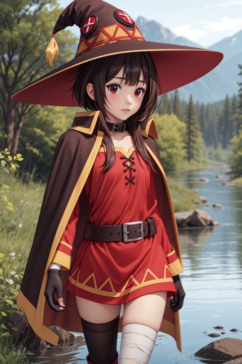  masterpiece,best quality,cinematic lighting,1girl,solo,(looking at viewer:1.1),,megumin_knsb,brown hair,short hair,red eyes,short hair with long locks,hat,witch hat,cape,dress,red dress,gloves,collar,fingerless gloves,belt,black gloves,asymmetrical legwear,thighhighs,mismatched legwear,bandages,bandaged leg,black thighhighs,single thighhigh,boots,BREAKsunlight,River canyon, Twilight, Hiking trail, Evening colors, Nature sounds,Solitude,,8k,ultra-detailed,