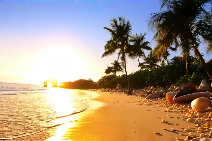 金色沙滩在清晨阳光的照射下渐暖,温柔的海浪轻抚着海岸线。贝壳点缀着海岸,棕榈树随着微风有节奏地摇曳,迎接黎明的第一缕阳光。
