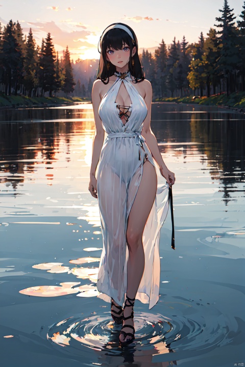  best quality,masterpiece,highres,anime_style,1girl,solo,full body,looking at viewer,standing,,YorBriar_CYQL,black hair,long hair,bangs,white hair band,jewelry,gold earrings,red eyes,large breasts,Striped maxi dress with side slits,River bend, Photography, Sunset, Reflections, Tranquility, Scenic beauty,