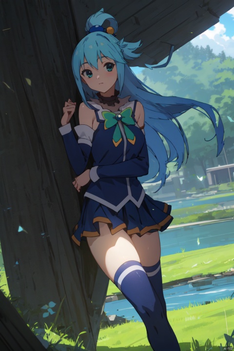  masterpiece,best quality,cinematic lighting,1girl,solo,(looking at viewer:1.1),aqua_knsb,
blue hair,long hair,hair ornament,hair rings,blue eyes,bow,green bow,skirt,thighhighs,bareshoulders,detachedsleeves,
BREAK
day,in a meadow,lake,sky,
sunlight,,8k,ultra-detailed, vled_cyql, girl