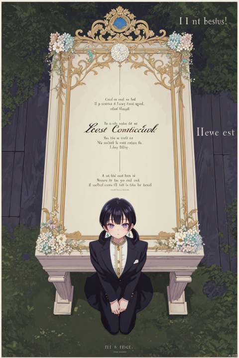 1girl,looking at viewer,solo,Anna_CYQL,black hair,twintails,low twintails,long hair,bangs,brown eyes,jewelry,earrings,blush,(Magnificent ball gown with oversized floral appliqués and crystal embellishments:1.1),(Tsundere, sitting, portrait,from_above:1.1),beautiful face,beautiful eyes,glossy skin,shiny skin,Ruins, Jungle, Trees, Vines, Moss, History, Mystery, Exploration,Boxwood hedges, Statues, Formal parterres, Fountain, Classic architecture, Symmetry,beautiful detailed sky,beautiful detailed glow,(movie poster:1.2),(English text:1.4),(border:1.3),posing in front of a colorful and dynamic background,(masterpiece, best quality, beautiful and aesthetic:1.3),contrapposto,female focus,fine fabricemphasis,wallpaper,fashion,intricate_detail,finely_detailed,fine_fabric_emphasis,(glossy),,