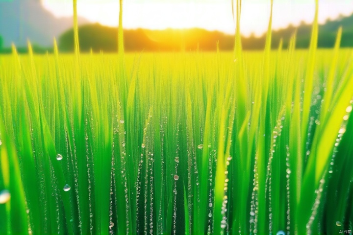 晨光微露,金色的阳光洒在翠绿的稻田上,露珠闪烁,宛如镶嵌在田野上的珍珠,