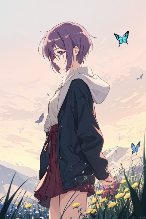 Nagato_CYQL,,1girl,solo,looking at viewer,short hair,bangs,purple hair,glasses,
Sleepy, Drooping eyelids, half-closed eyes, and a slightly dazed expression.,profile,
beautiful face,beautiful eyes,glossy skin,shiny skin,
Meadow, Flowers, Grass, Alps, Sunshine, Breeze, Butterflies, Melting snow,beautiful detailed sky,beautiful detailed glow,
posing in front of a colorful and dynamic background,
masterpiece,best quality,beautiful and aesthetic,contrapposto,female focus,wallpaper,fashion,