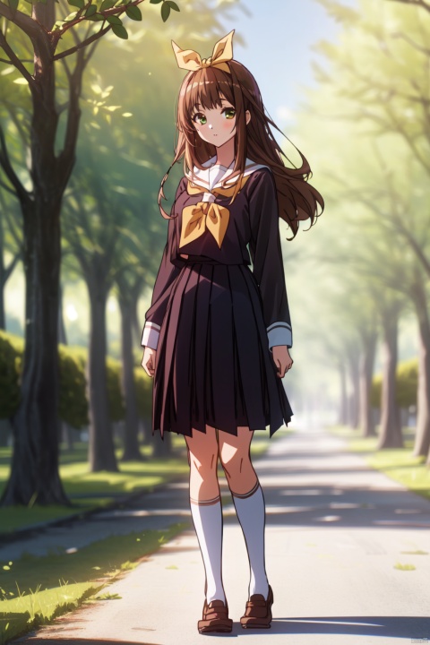  masterpiece,best quality,cinematic lighting,1girl,solo,full body,(looking at viewer:1.1),(standing:1.2),jcyz,long hair,bangs,brown hair,green eyes,ribbon,yellow ribbon,hair ribbon,hair bow,Winter school uniforms,long sleeves,brown shirt,white sailor collar,blue neckerchief,brown skirt,pleated skirt
BREAK
Olive trees, Olive orchard, Italian landscape, Midday sun, Rustic charm, Oliveharvest,sunlight,,8k,ultra-detailed, , girl, smxm, zcxj, jcyz