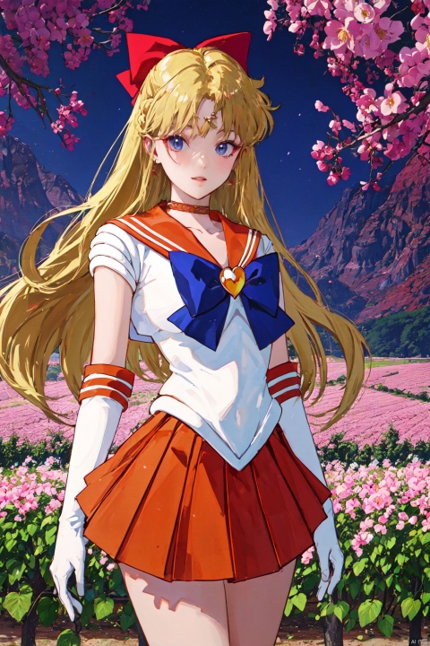 1girl,looking at viewer,solo,long hair,very long hair,blonde hair,blue eyes,choker,tiara,sailor collar,hair bow,bow,gloves,skirt,high heels,sailor senshi uniform,standing,,Minako_CYQL,cowboy_shot,beautiful face,beautiful eyes,glossy skin,shiny skin,Grapevines, Tuscan villa, Vineyard rows, Springtime blooms, Tuscan landscape, Rustic charm,beautiful detailed sky,beautiful detailed glow,posing in front of a colorful and dynamic background,masterpiece,best quality,beautiful and aesthetic,contrapposto,female focus,wallpaper,fashion,
