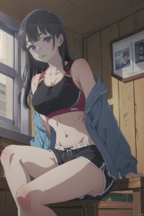  masterpiece,best quality,8k,ultra-detailed,1girl,solo,looking at viewer,Anna_CYQL,black hair,long hair,bangs,blush,collarbone,off shoulder,jacket,open clothes,long sleeves,open jacket,sports bra,midriff,navel,shorts,short shorts,barefoot,sitting,window,indoors,cloud,day,