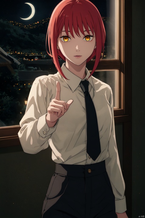 1girl,solo,looking at viewer,standing,
Makima_CYQL,
red hair,medium hair,bangs,yellow eyes,ringed eyes,white shirt,collared shirt,shirt tucked in,black necktie,black pants,high-waist pants,
pointing,pointing at viewer,finger pistol,
(night:1.4),indoors,window,moonlight,
masterpiece,best quality,beautiful and aesthetic,contrapposto,female focus,wallpaper,