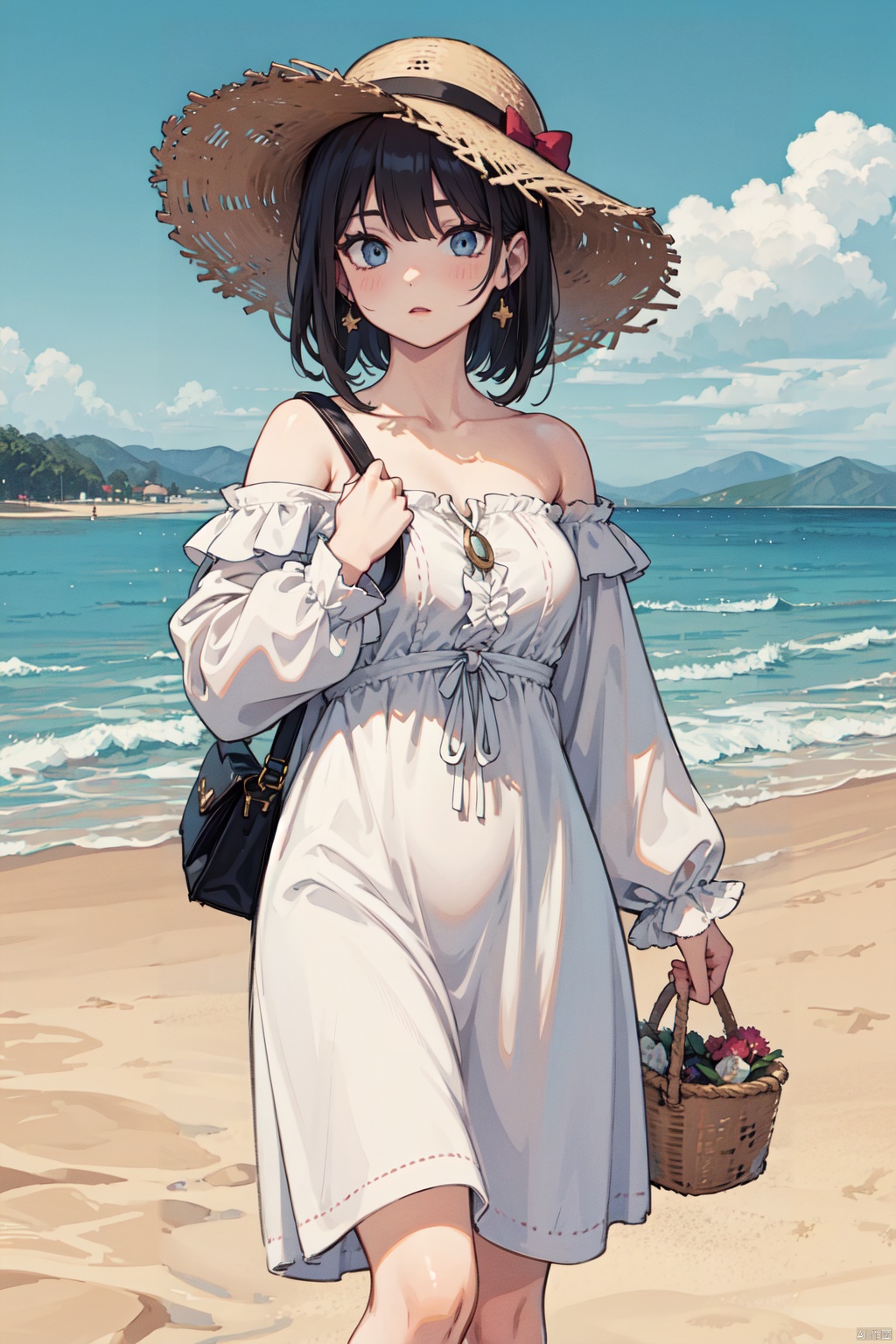 1girl,looking at viewer,(solo:1.4),bangs,earrings,gold earrings,hairband,jewelry,long hair,red eyes,white hairband,
(seductive_smile,full_shot,foreshortening,standing:1.2),(Ruffled_off-the-shoulder_dress:1.5),(Straw_hat:1.4),(Basket_woven_bag:1.3),(Beachside_boardwalk_background:1.4),
(masterpiece, best quality, beautiful and aesthetic:1.3),contrapposto,female focus,model,fine fabric emphasis,wallpaper,fashion,Lipstick,depth of field,(title),
(Magazine cover-style illustration of a fashionable woman:1.1),posing in front of a colorful and dynamic background,YorBriar_CYQL