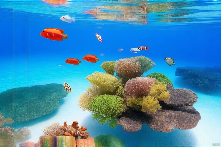 碧蓝的海水中,五彩斑斓的珊瑚礁构建了一个海底宫殿,各式各样的热带鱼在其间穿梭