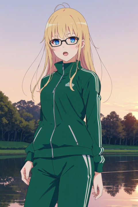 eriri cyql,1girl,looking at viewer,solo,blonde hair,long hair,blue eyes,glasses,track suit,track jacket,jacket,pants,socks,track pants,green pants,bespectacled,green jacket,Confused, Wide-open eyes, a slightly furrowed brow, and a slightly open mouth.,upper_body,beautiful face,beautiful eyes,glossy skin,shiny skin,River bend, Photography, Sunset, Reflections, Tranquility, Scenic beauty,beautiful detailed sky,beautiful detailed glow,posing in front of a colorful and dynamic background,masterpiece,best quality,beautiful and aesthetic,contrapposto,female focus,wallpaper,fashion,