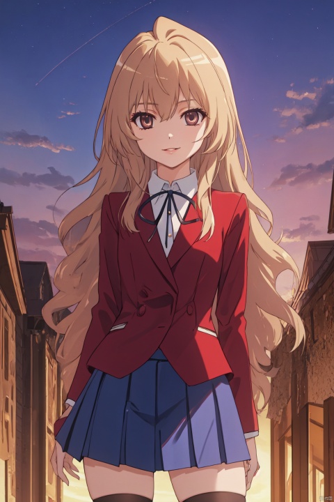 Taiga CYQL,,1girl,solo,looking at viewer,long hair,brown hair,hair between eyes,brown eyes,school uniform,jacket,red jacket,long sleeves,double-breasted,ribbon,neck ribbon,black ribbon,skirt,blue skirt,pleated skirt,zettai ryouiki,thighhighs,black thighhighs,
Seductive, A sultry gaze, a slightly parted lips, and a hint of a smile.,bust,
beautiful face,beautiful eyes,glossy skin,shiny skin,
Theater, Opera, Twilight, Costumes, Cultural heritage,beautiful detailed sky,beautiful detailed glow,
posing in front of a colorful and dynamic background,
masterpiece,best quality,beautiful and aesthetic,contrapposto,female focus,wallpaper,fashion,