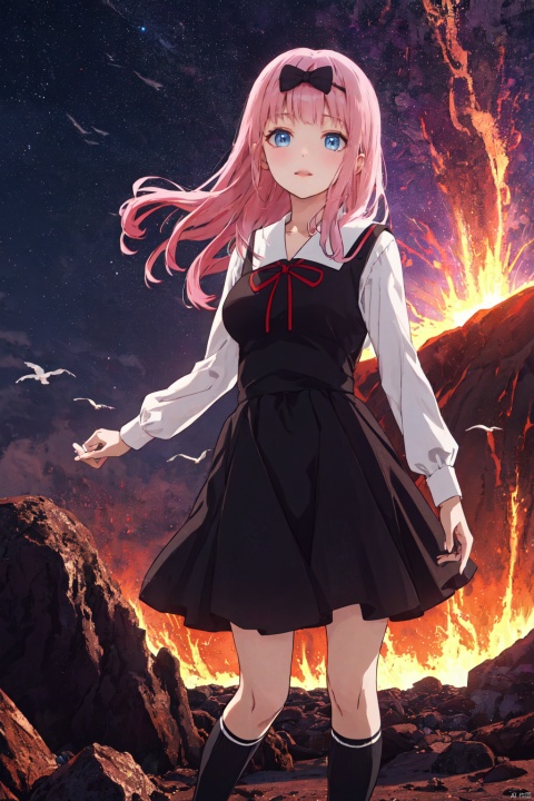 1girl,looking at viewer,solo,school uniform,pink hair,blue eyes,bow,dress,black dress,hair bow,black bow,ribbon,long hair,bangs,socks,blunt bangs,red ribbon,breasts,white socks,long sleeves,kneehighs,,Fujiwara_CYQL,cowboy_shot,beautiful face,beautiful eyes,glossy skin,shiny skin,Volcano, Lava, Ash, Crater, Smoke, Rocks, Seabirds, Magma,beautiful detailed sky,beautiful detailed glow,posing in front of a colorful and dynamic background,masterpiece,best quality,beautiful and aesthetic,contrapposto,female focus,wallpaper,fashion,

