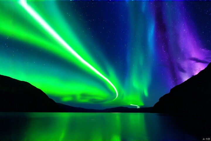 缥缈的绿色和紫色光带在星空之下舞动,将奇异的光芒洒向下方静谧的峡湾水面。清冽的空气中仿佛低语着古老的传说。
