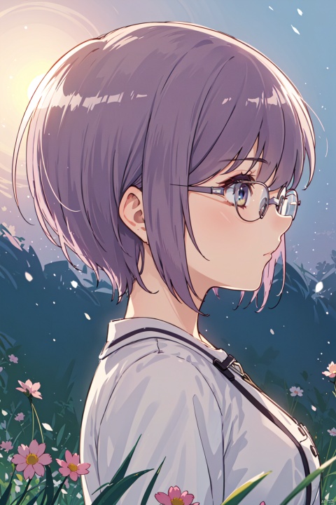  Nagato_CYQL,1girl,solo,looking at viewer,short hair,bangs,purple hair,glasses,Sleepy, Drooping eyelids, half-closed eyes, and a slightly dazed expression.,profile,beautiful face,beautiful eyes,glossy skin,shiny skin,Meadow, Flowers, Grass, Alps, Sunshine, Breeze, Butterflies, Melting snow,beautiful detailed sky,beautiful detailed glow,posing in front of a colorful and dynamic background,masterpiece,best quality,beautiful and aesthetic,contrapposto,female focus,wallpaper,fashion,