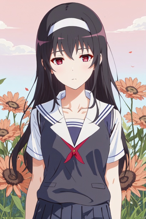 ,utaha cyql,1girl,looking at viewer,solo,
(long hair,black hair,hairband,red eyes,school uniform,sweater vest,skirt,pleated skirt,pantyhose,black pantyhose,shoes,uwabaki,long legs,),
Sleepy, Drooping eyelids, half-closed eyes, and a slightly dazed expression.,upper_body,beautiful face,beautiful eyes,glossy skin,shiny skin,
Meadow, Picnic basket, Afternoon sun, Flowers, Relaxation,beautiful detailed sky,beautiful detailed glow,
posing in front of a colorful and dynamic background,
masterpiece,best quality,beautiful and aesthetic,contrapposto,female focus,wallpaper,fashion,utaha CYQL