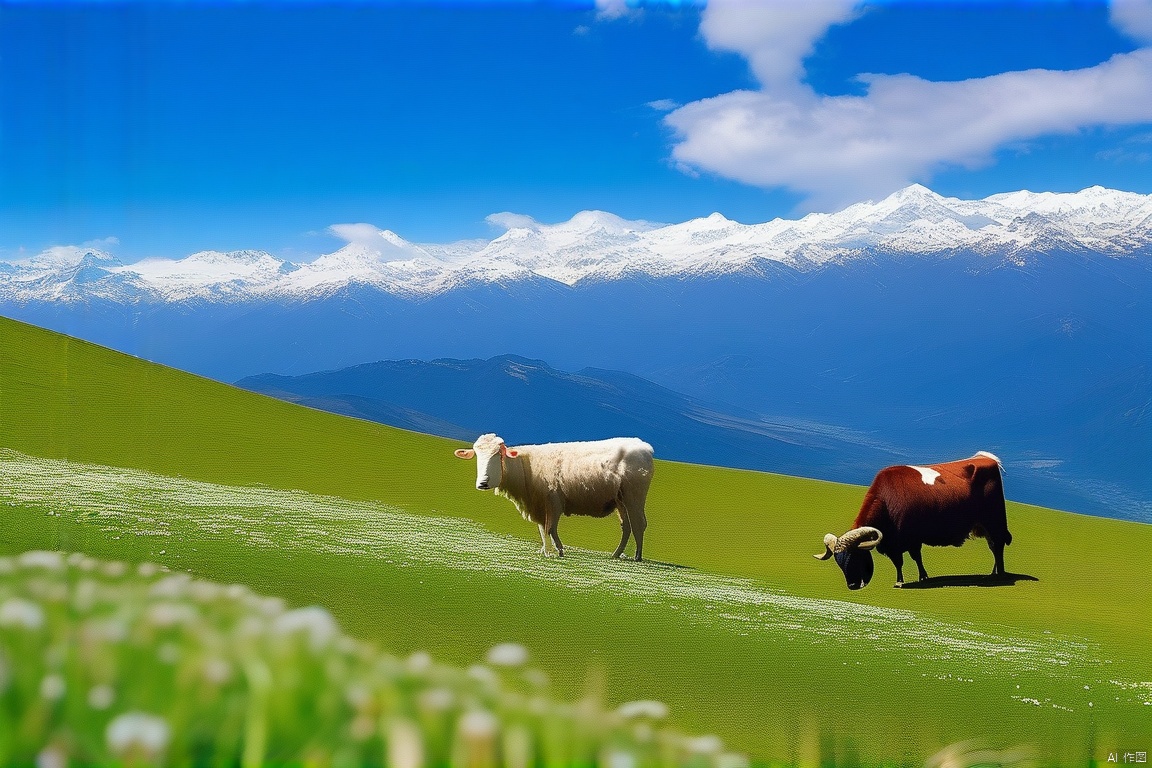 海拔之上,一片广阔的草甸延伸至天际,野花点缀其间,牛羊悠闲地啃食,远处雪山环抱,