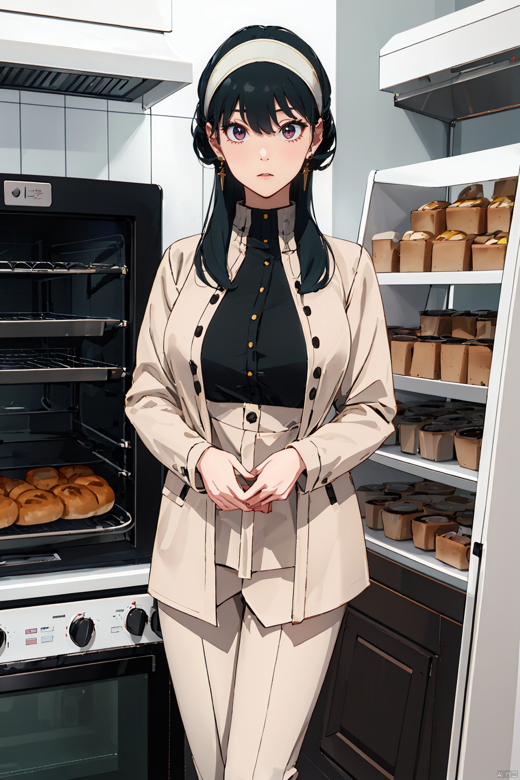  best quality,masterpiece,highres,anime_style,1girl,solo,full body,looking at viewer,standing,YorBriar_CYQL,black hair,long hair,bangs,white hair band,jewelry,gold earrings,red eyes,large breasts,Vintage-inspired attire with a peplum jacket, high-waisted trousers, and pillbox hat,Bread display shelves, Oven, Dough mixer, Baking trays, Pastry cases,