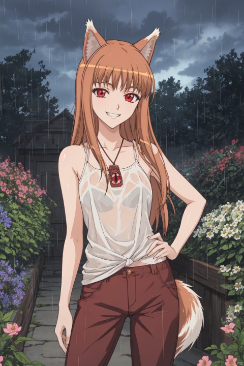 ,Horo CYQL,1girl,looking at viewer,solo,
holo,animal ears,wolf ears,long hair,brown hair,red eyes,tail,wolf tail,wolf girl,
Loose linen pants, tank top, slides,Naughty, A mischievous grin, a wink, and a playful attitude.,cowboy_shot,
beautiful face,beautiful eyes,glossy skin,shiny skin,
Cottage garden flowers, Rain-soaked petals, Garden path, Raindrops, Summer shower, English countryside,beautiful detailed sky,beautiful detailed glow,
posing in front of a colorful and dynamic background,
masterpiece,best quality,beautiful and aesthetic,contrapposto,female focus,wallpaper,fashion,
